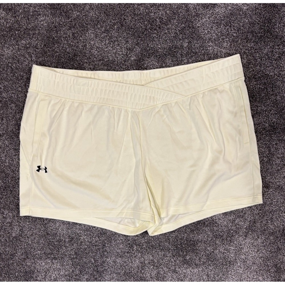 Under Armour Rival Terry Shorts Womens Light Yellow Workout Gym Pockets 3X ~ NEW